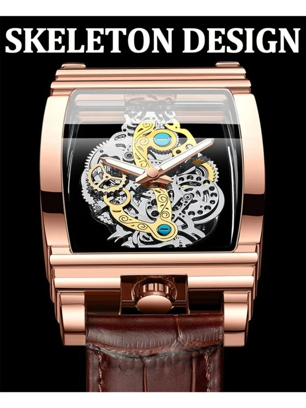 Luxury Hollow Skeleton Watch - Retro Gear Design, Large Dial, Leather & Steel